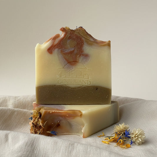 Goodland Alpine Meadows Lavender Geranium Soap Bar stack on linen