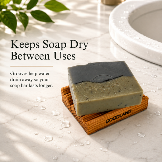 Goodland soap with cedar soap dish on white counter