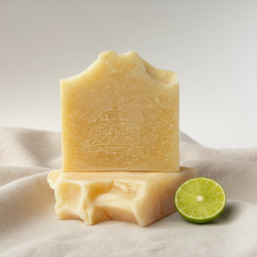 Goodland Tropical Coast Coconut Lime Soap Bar stack on linen