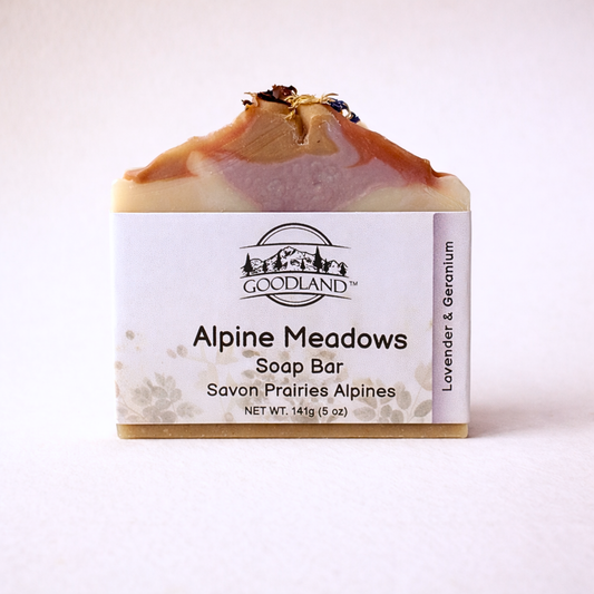 Goodland Alpine Meadows Lavender Geranium soap bar on white background