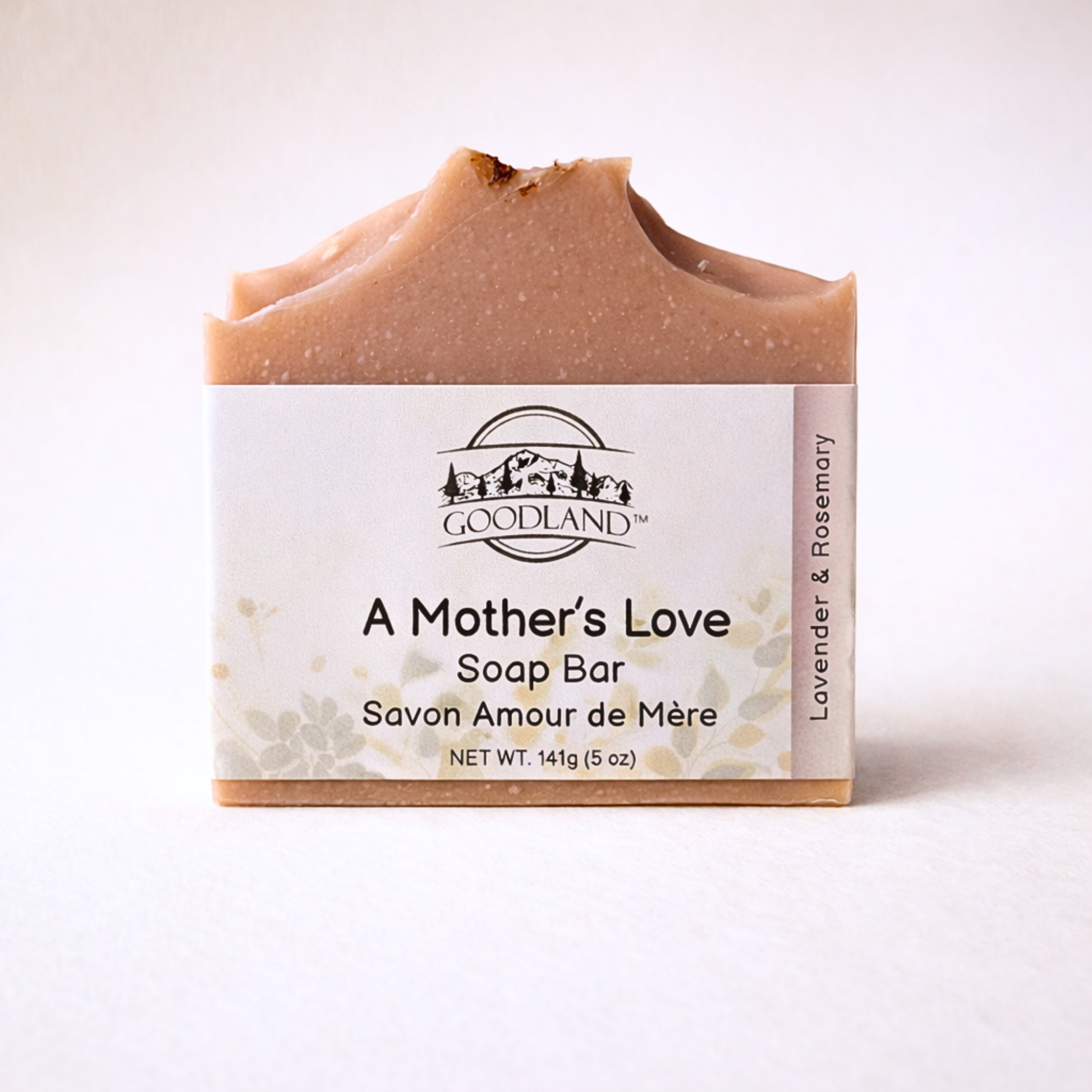 Goodland soap bar labeled 'A Mother's Love' on a white background