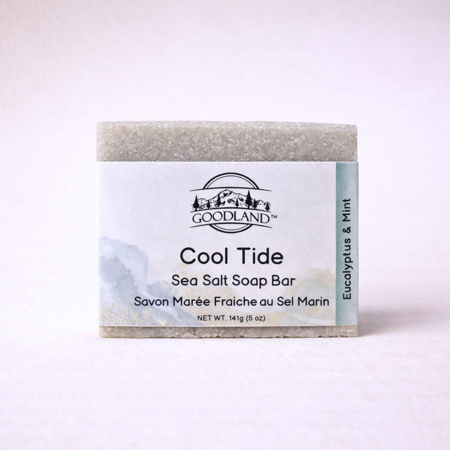 Goodland Cool Tide Sea Salt Soap Bar on a light pink background