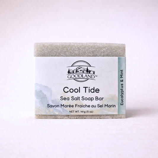 Goodland Cool Tide Sea Salt Soap Bar on a light pink background
