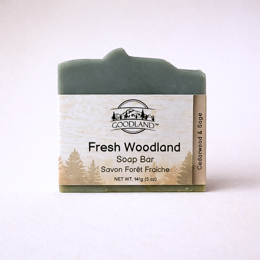 Goodland Fresh Woodland soap bar on a white background