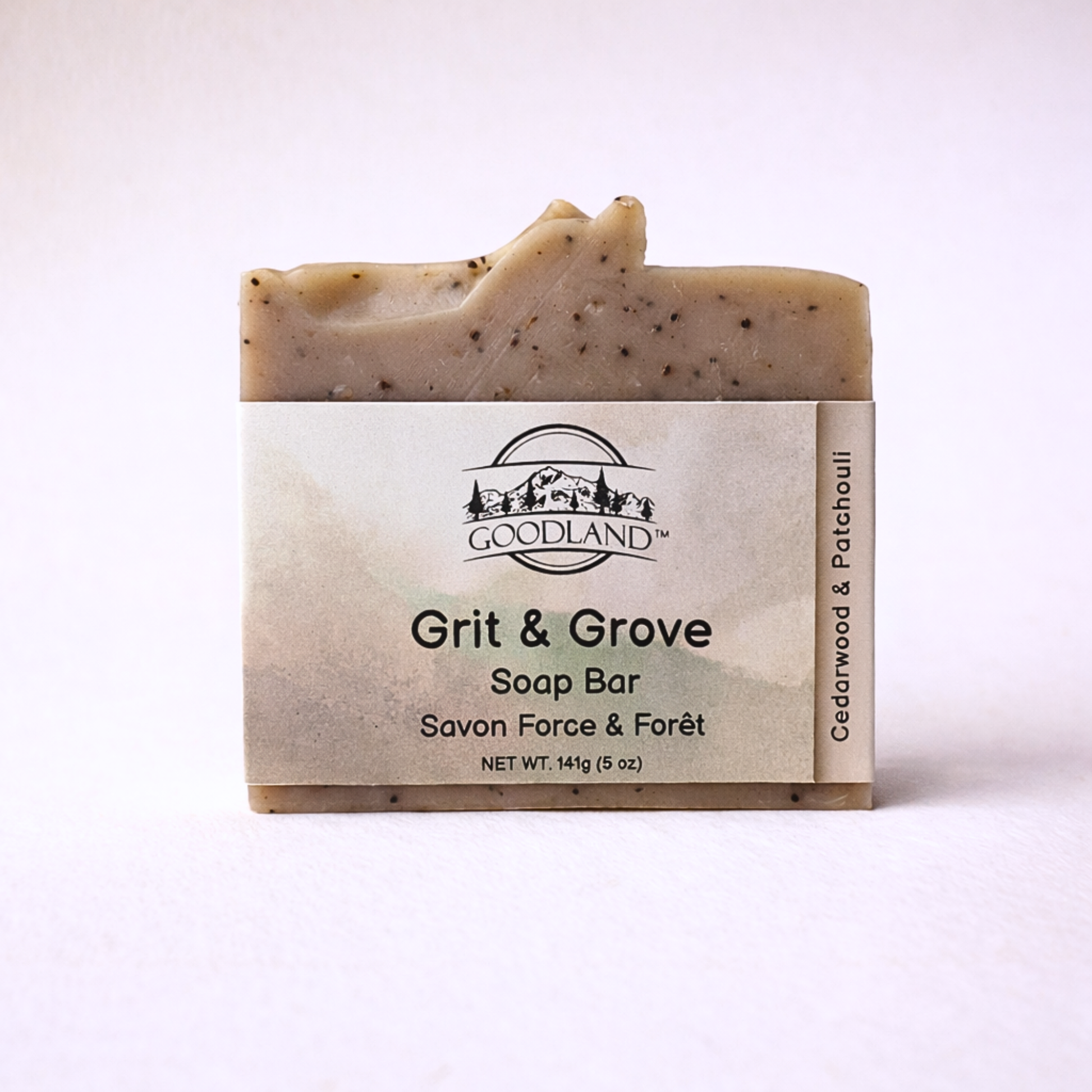Goodland Grit & Grove soap bar on a white background