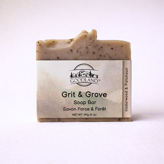 Goodland Grit & Grove soap bar on a white background