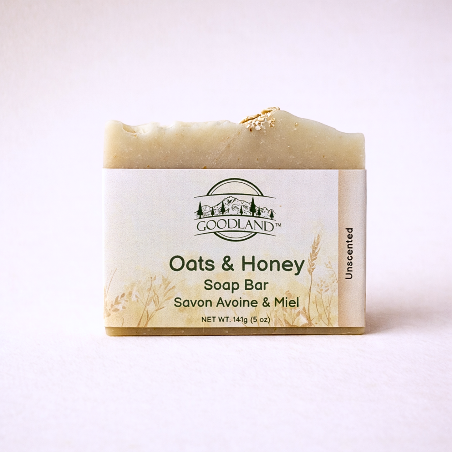 Oats & Honey soap bar with Goodland logo on a white background