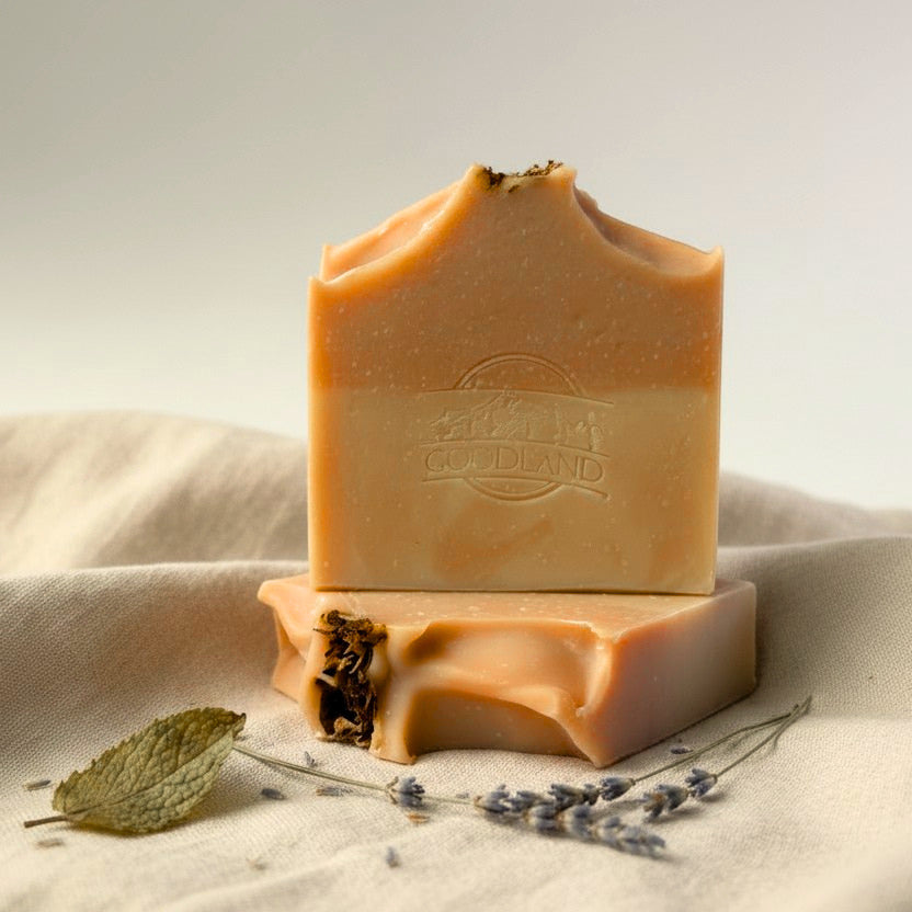Two bars of soap with Goodland brand logo on a textured surface with lavender and a leaf.