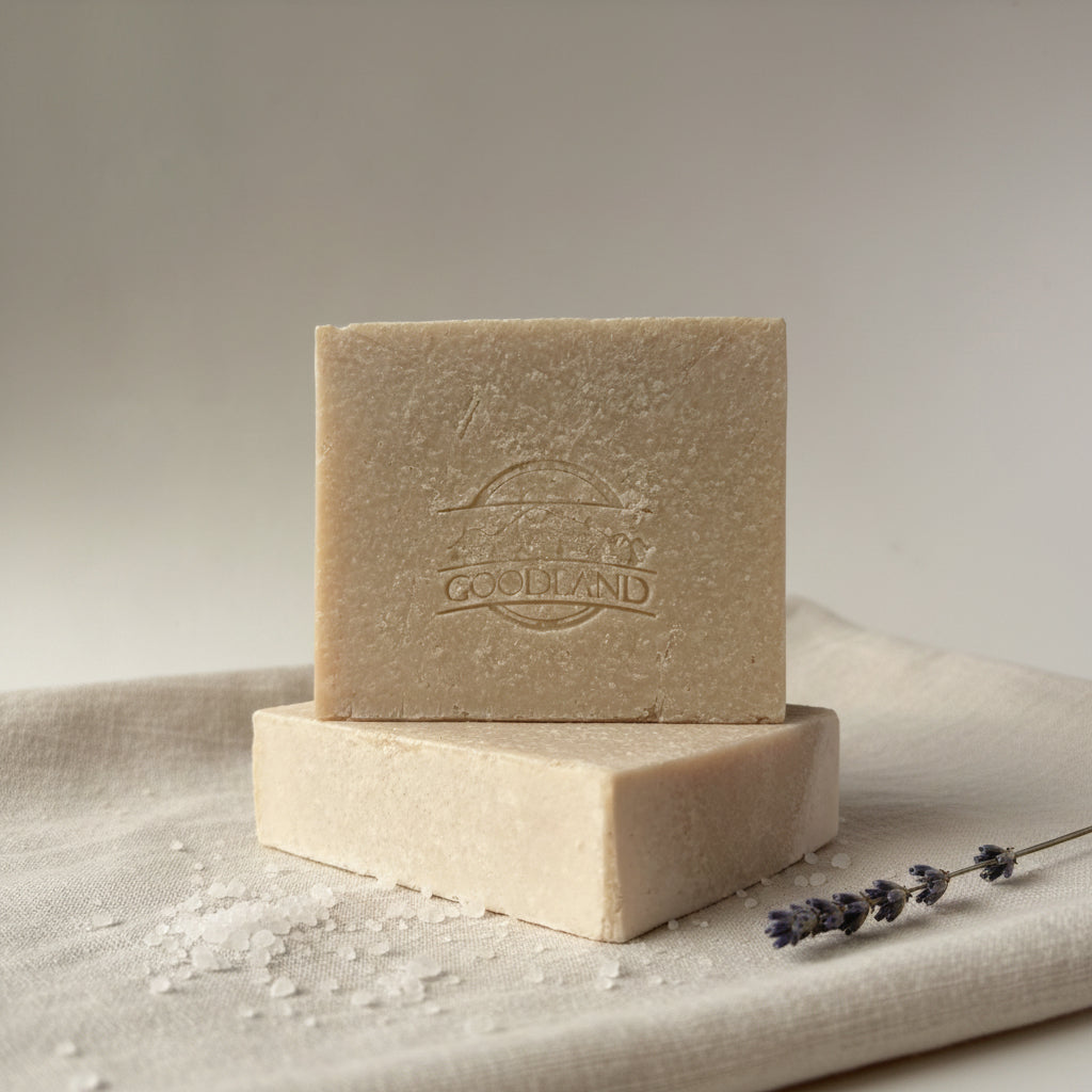 Goodland Calm Tide Lavender Sea Salt Soap Bar stack on linen