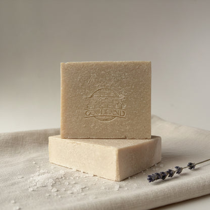 Goodland Calm Tide Lavender Sea Salt Soap Bar stack on linen