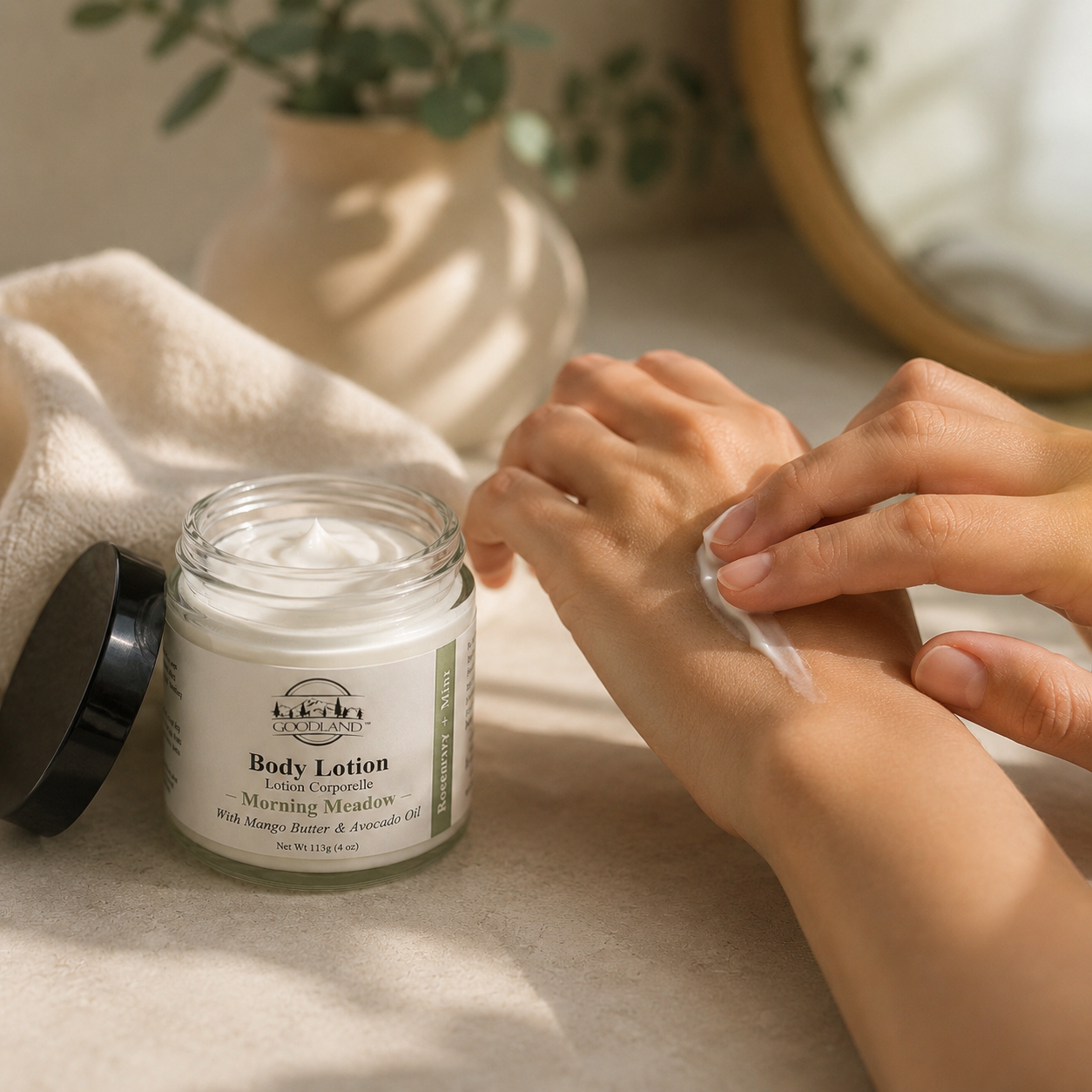 Person applying Goodland body lotion from jar