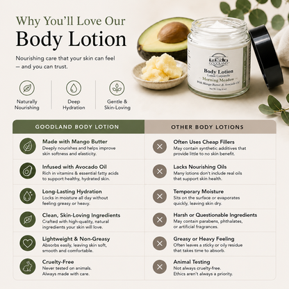 Goodland body lotion comparison chart with text on neutral background 