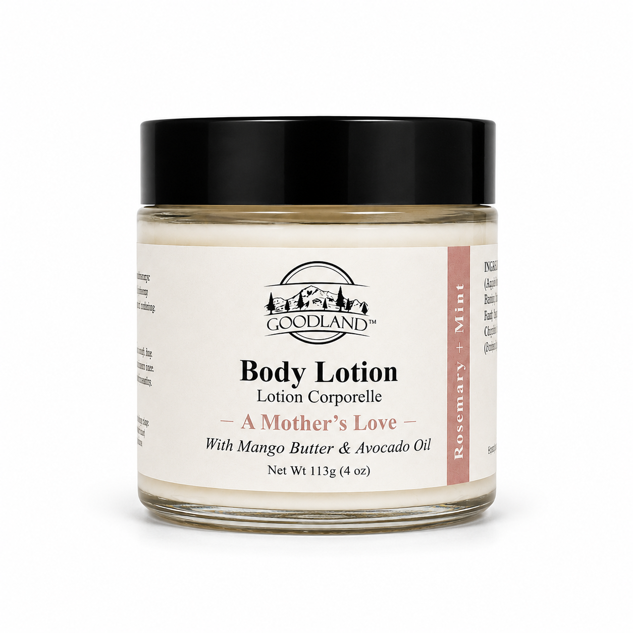 Goodland mother's love lotion jar on white background