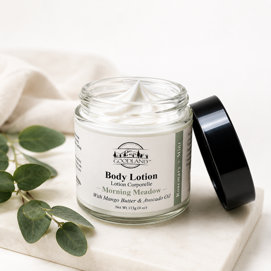 Goodland body lotion jar scene on flat stone with leaves