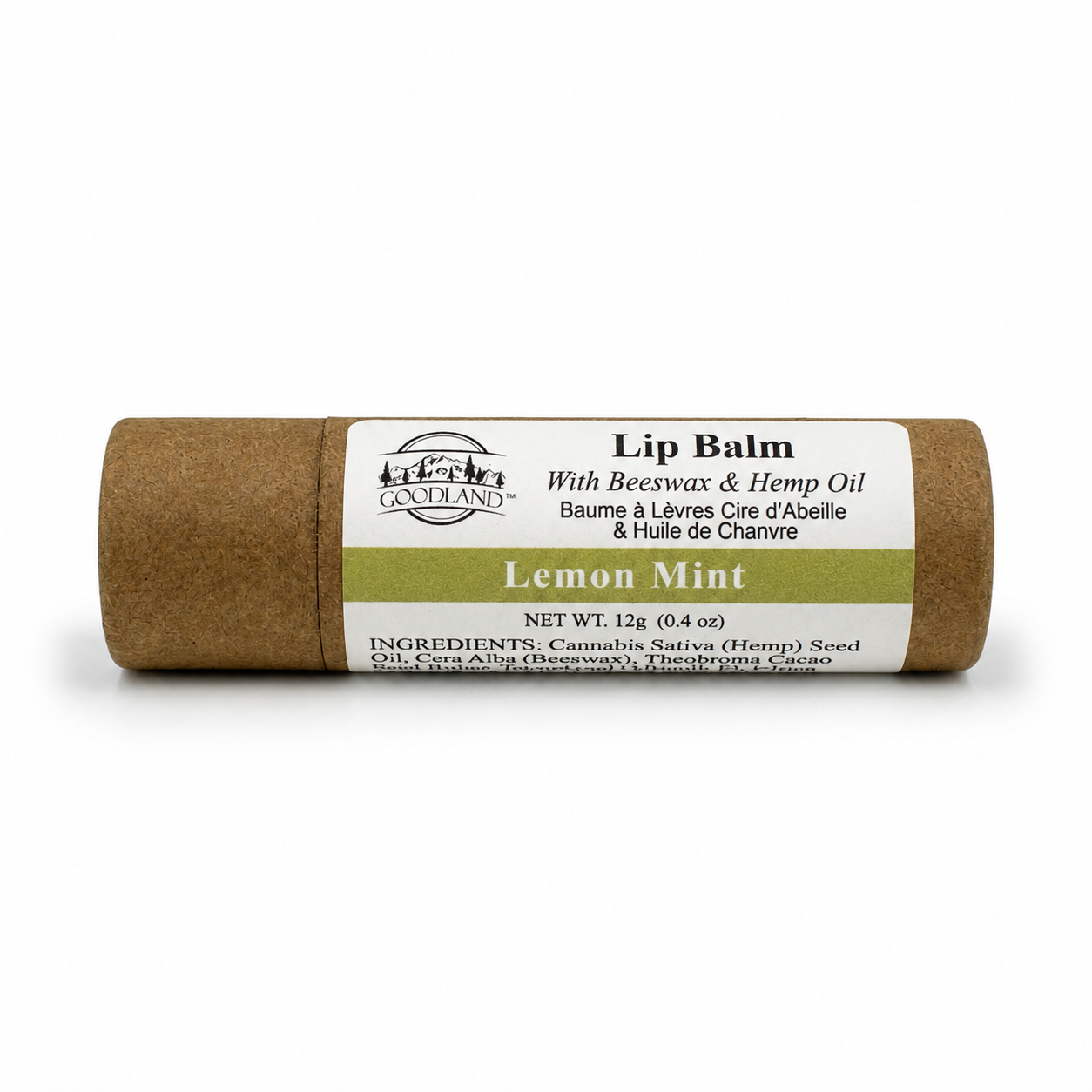 Goodland lemon mint lip balm tube on white background