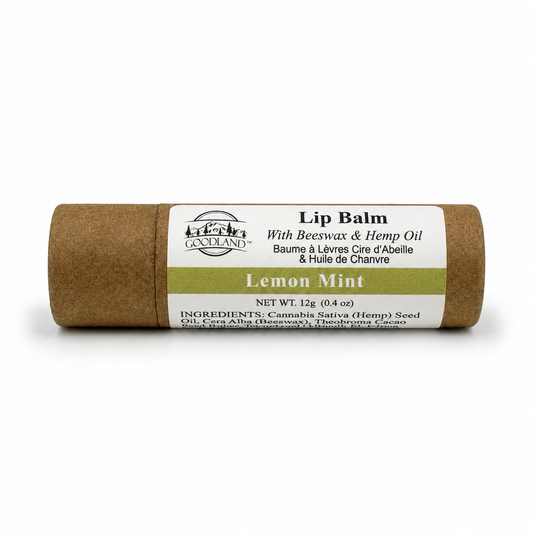 Goodland lemon mint lip balm tube on white background
