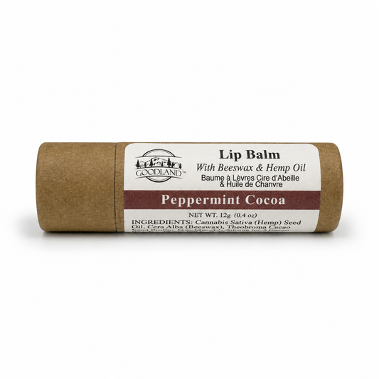 Goodland peppermint cocoa lip balm tube on white background