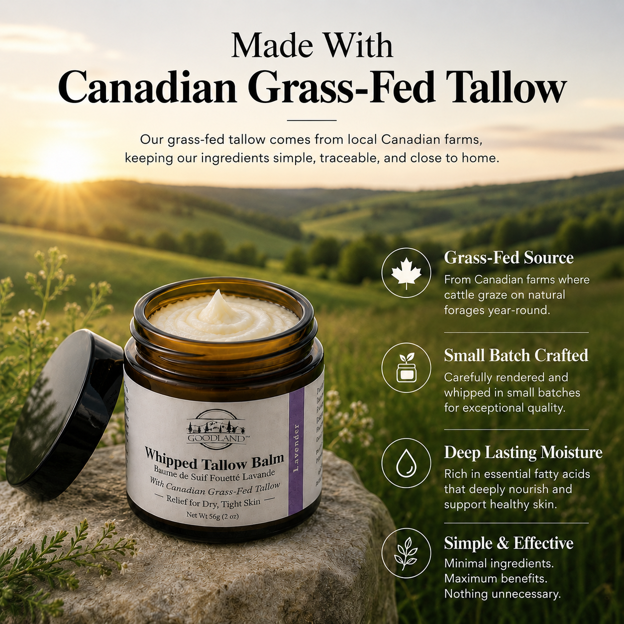 Goodland whipped tallow balm jar with scenic background and text