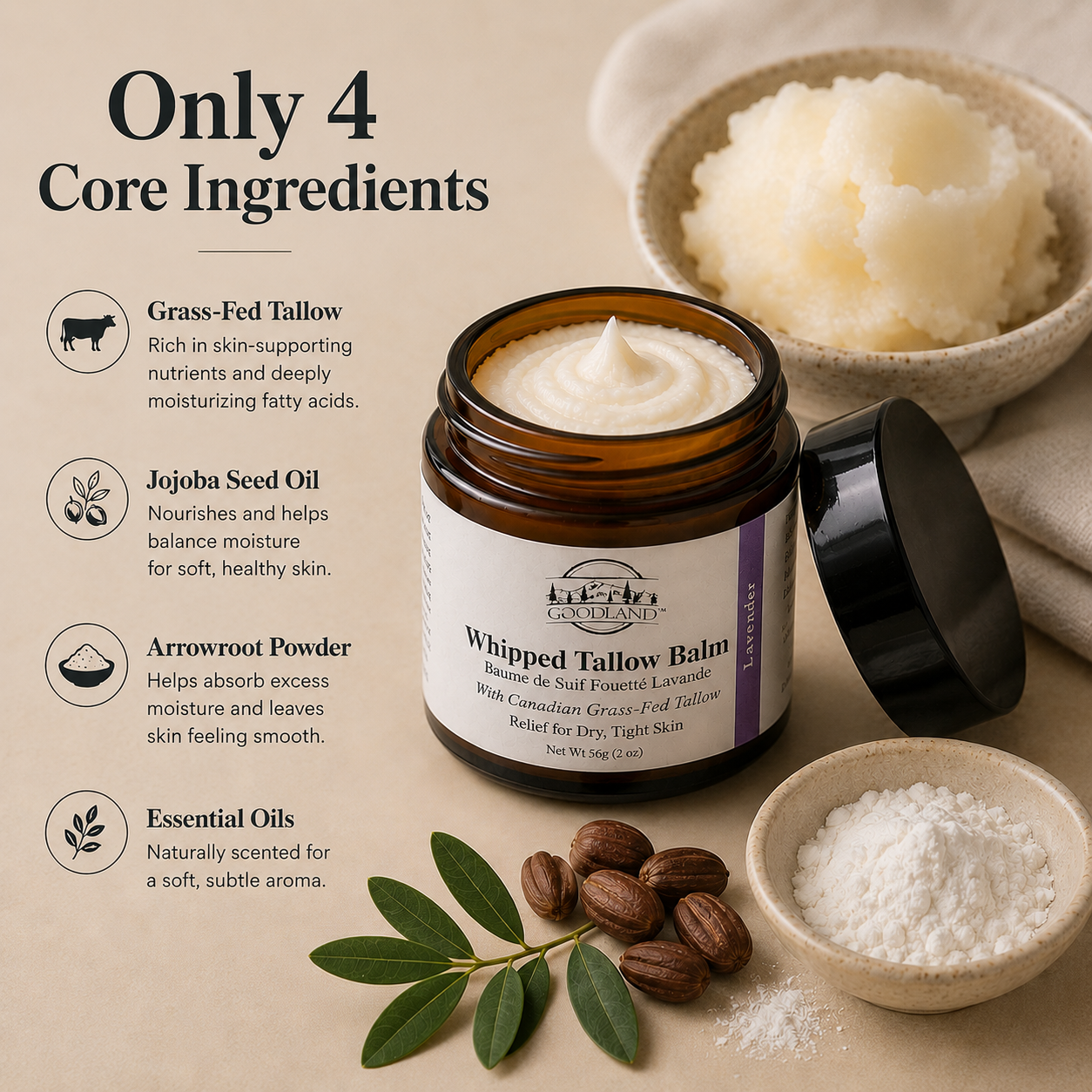 Goodland whipped tallow balm jar with ingredients on a neutral background