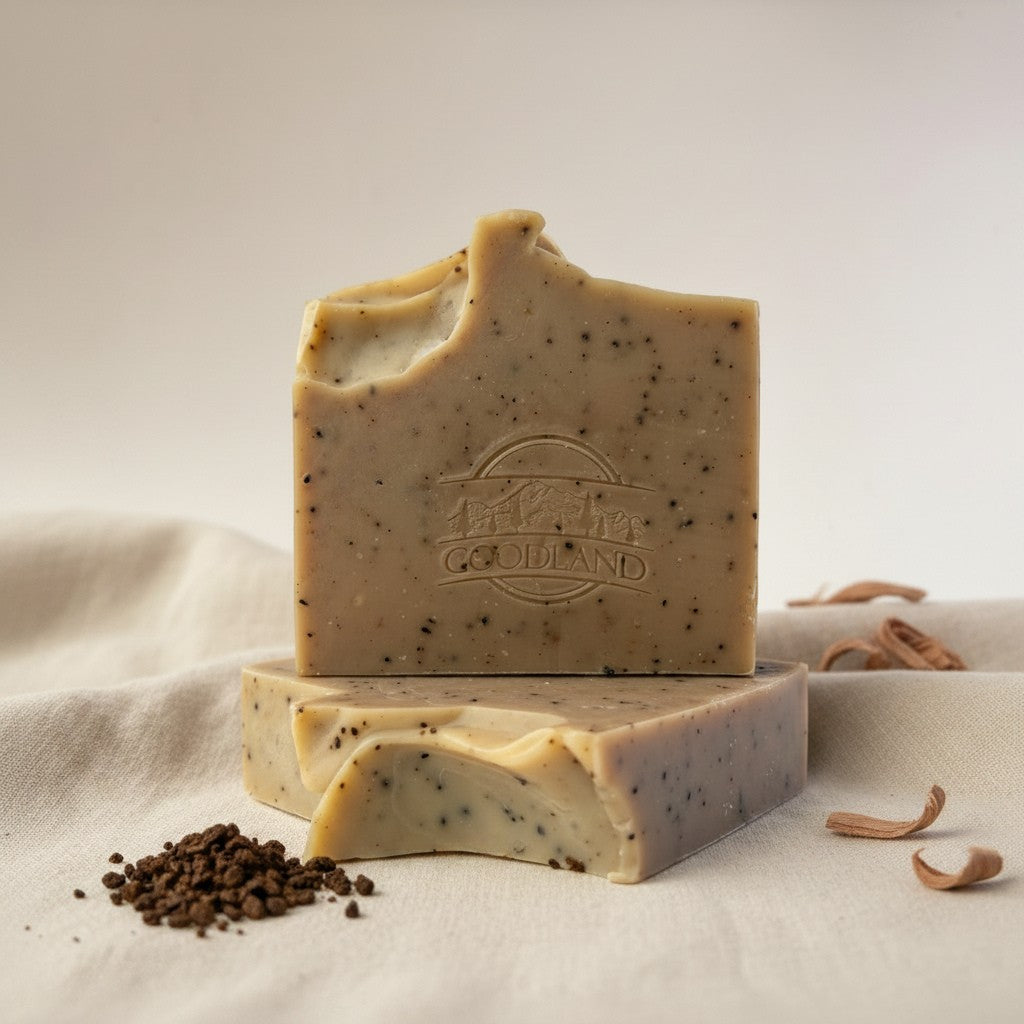 Stack of two bar soaps with specks on a beige background, featuring Goodland brand logo.