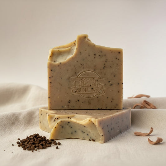 Stack of two bar soaps with specks on a beige background, featuring Goodland brand logo.