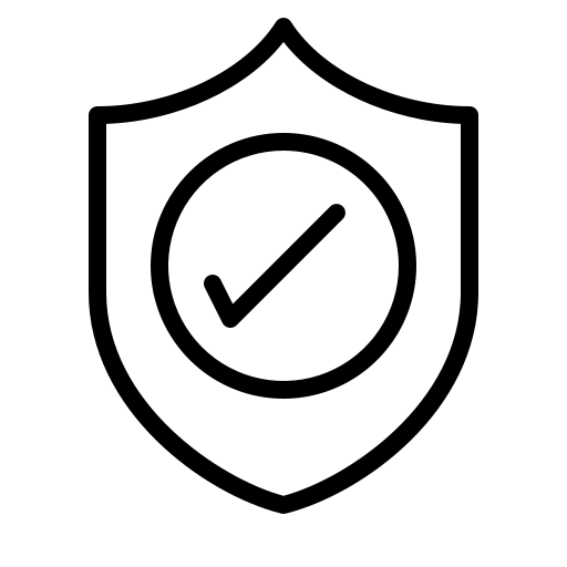 Black shield icon with a check mark on a white background