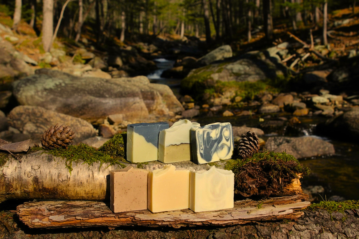 Three Goodland soap bars on a log with a natural forest background